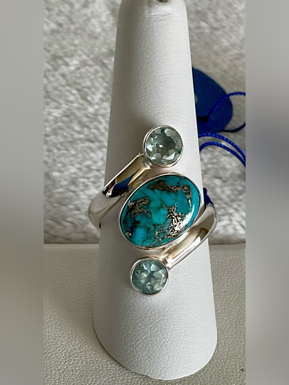 925 Sterling Silver Copper Infused Turquoise Ring with Blue Topaz Gems Size 9